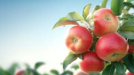 Obraz premium Fresh red apples hanging on a tree branch under a clear sky.