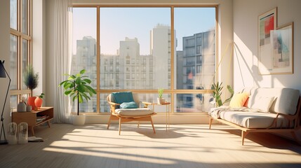 Fototapeta premium Modern Living Room with City View