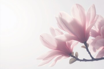 Fototapeta premium Soft pink magnolia blossoms on a branch against a bright background.