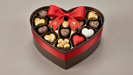 Heart-shaped box filled with assorted gourmet chocolates, tied with a red ribbon; perfect for Valentine's Day or romantic gifts.