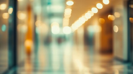 Blurred shopping mall corridor with defocused retail interior and hallway lighting, featuring abstract bokeh effect for modern business and commercial concepts


