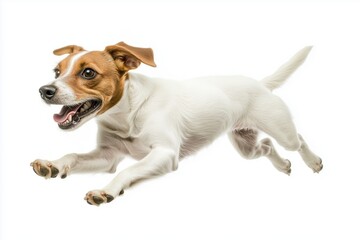 Jack Russell Terrier leaping energetically on white background.
