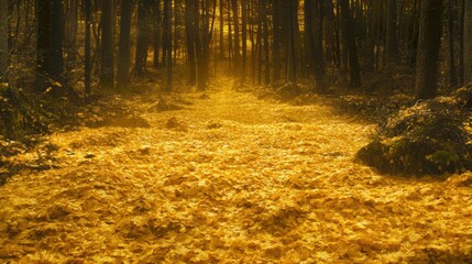 Obraz premium A dense forest glowing in autumn light, leaves forming a golden carpet on the ground