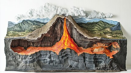 A detailed cross-section of a volcanic eruption, showing magma chambers and ash plumes