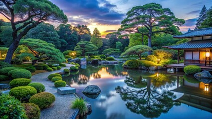 Serene Japanese Garden at Dusk , outdoor, trees,  outdoor, trees, garden, water