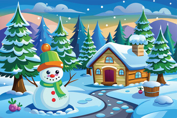 Snowman with a winter hut  in the winter landscape with trees in the background .winter landscape