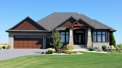 Modern ranch house with stone exterior, double garage, and landscaped yard.