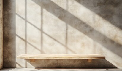 Empty wooden shelf against textured wall with window light. (1)