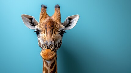 Close-up portrait of a giraffe's face against a teal background.