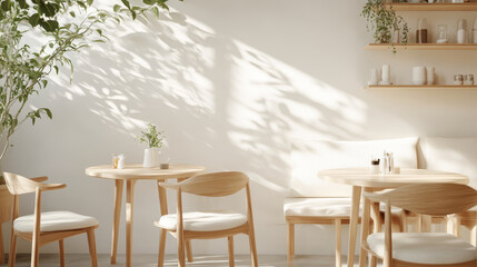 serene interior featuring wooden furniture, soft sunlight, and greenery creates calming atmosphere. minimalist design enhances relaxation and comfort