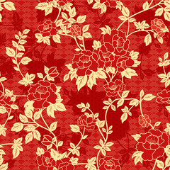 Chinese peony seamless pattern.  Traditional Asian style in red and gold color tone. Vector design for backdrop, background, wallpaper, wrapping paper, carpet, textile, fabric. © leonado-vector