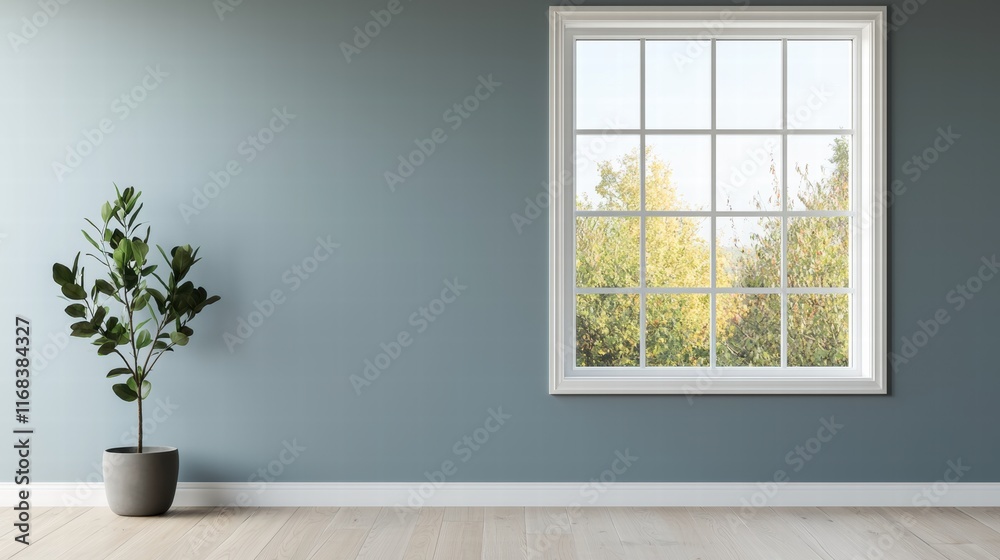 Poster minimalist empty room with window and plant enjoying daylight