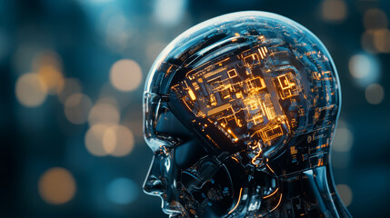 futuristic robotic head with glowing circuitry, showcasing advanced technology and innovation. intricate design highlights blend of art and science in modern robotics