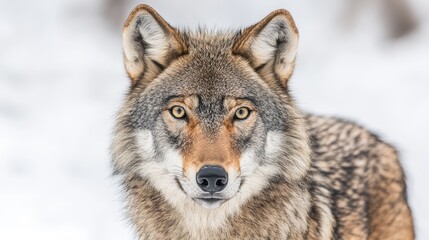 Naklejka premium A close-up of a wolf in a snowy environment, showcasing its features and gaze.