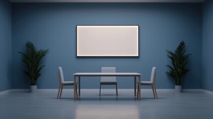 Minimalist office setup featuring empty table, integrated tech ports, and large presentation screen