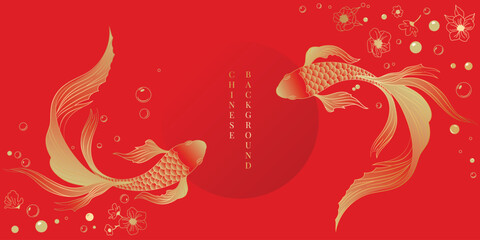 Chinese New Year background vector. Chinese and Japanese wallpaper pattern design of elegant koi fish, flower. Design illustration for decoration, wall decor, banner, website, ads.