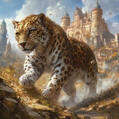 A majestic leopard strides through a landscape with a grand castle in the background.