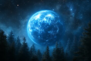 Enormous blue moon over dark forest at night.