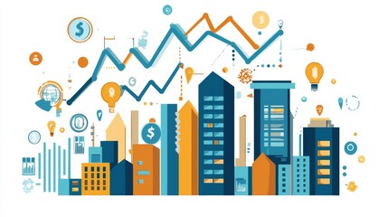 Obraz premium Abstract business background featuring skyscrapers, financial graphs, and digital elements symbolizing commerce, corporate growth, and modern economic strategies.