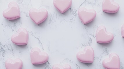 Obraz premium Whimsical Circle of Glossy Pink Hearts on Marble Background - Minimalist Valentine's Day Concept in Cinematic Style