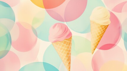 Two pastel ice cream cones on colorful background.