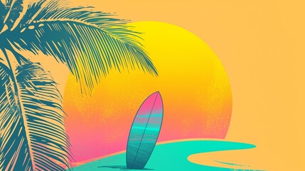 Tropical sunset with surfboard and palm silhouette.