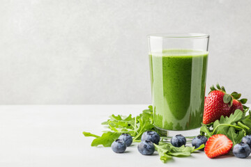 Fresh green smoothie with strawberries and blueberries on light background. This healthy drink is packed with nutrients and perfect for refreshing boost