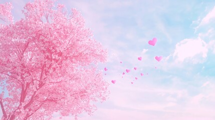 Whimsical Tree of Love: Romantic Stylized Artwork with Heart-Shaped Leaves and Pink Blossoms under Pastel Sky