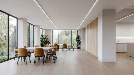 Fototapeta premium Modern office layout featuring empty tables, large windows, and ergonomic seating