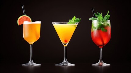 Fototapeta premium Three colorful cocktails displayed against a dark background.