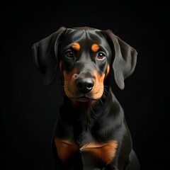 Adorable black and tan puppy portrait against a dark background, ideal for pet-related designs and advertising.