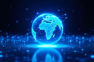 Naklejka premium Neon digital globe with connected network on glowing blue background.