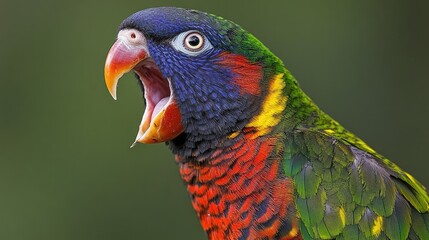 A colorful parrot with vibrant feathers, captured mid-squawk against a blurred background.