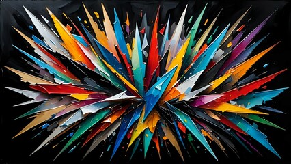 Fototapeta premium Abstract explosion of vibrant colors, dynamic impasto painting, sharp angles, modern art, colorful texture, energy, intensity, visual excitement.