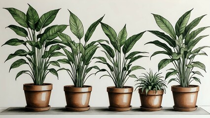 Obraz premium Stylish illustration of five potted plants, featuring various sizes and types of leafy greenery against a neutral backdrop. Ideal for home decor, interior design, and botanical themes.