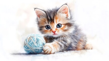 Playful kitten with yarn ball cozy home animal portrait cute