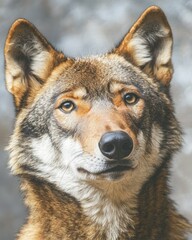 Obraz premium Close-up portrait of a wolf, showcasing its expressive eyes and detailed fur texture.