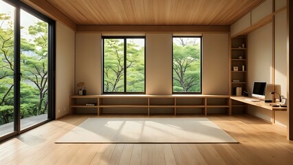 Obraz premium Serene minimalist home office with natural light, wooden floors, built-in shelves, and a view of lush green trees.