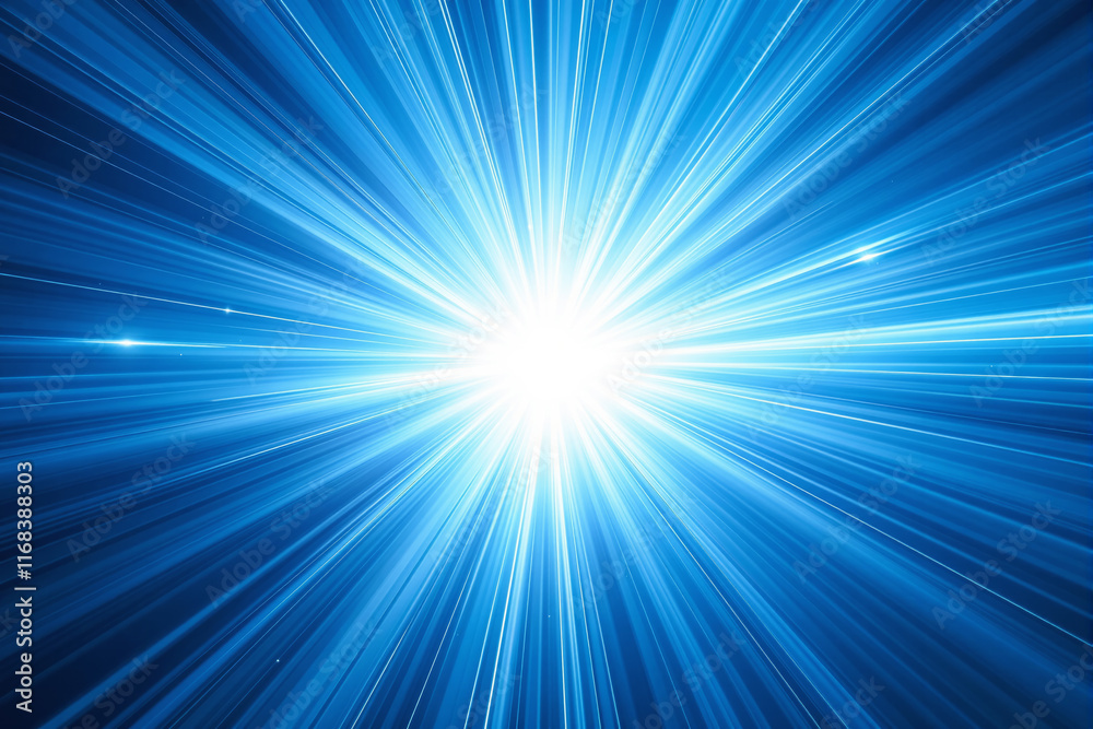 Poster Bright blue light burst with rays extending outward from the center.