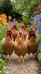 Fototapeta premium A group of chickens walking along a garden path surrounded by colorful flowers.