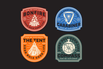 bonfire, ridge camping tent, old compass, carabiner triangle shape, campfire, navigation retro badge logo vector design collection set for adventure, explorer, mountaineer, hiker and climber