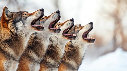 Obraz premium Four wolves howling in unison against a snowy backdrop.
