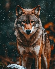 Fototapeta premium A majestic wolf stands in a snowy forest, showcasing its fierce gaze and natural beauty.