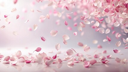 delicate pink sakura petals scattered on a soft white background, gently falling like snowflakes in springtime , sakura, nature