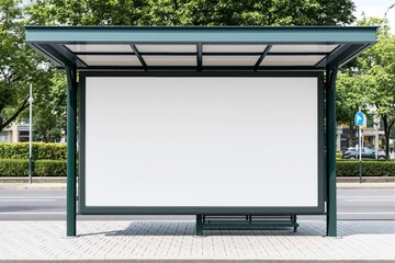 Blank billboard mockup at modern bus stop under green trees, placed on clean pavement, ideal for advertisement or presentation.