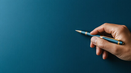 hand holding stylish pen over dark blue background, perfect for writing or signing documents. elegant design of pen adds touch of sophistication to scene