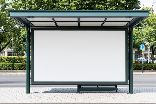 Blank billboard mockup at modern bus stop under green trees, placed on clean pavement, ideal for advertisement or presentation.
