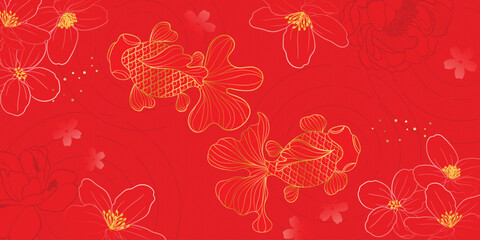 Chinese New Year background vector. Chinese and Japanese wallpaper pattern design of elegant goldfish, peony flower, river. Design illustration for decoration, wall decor, banner, website, ads.