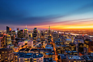 Obraz premium City skyline at sunset with vibrant colors and illuminated buildings.