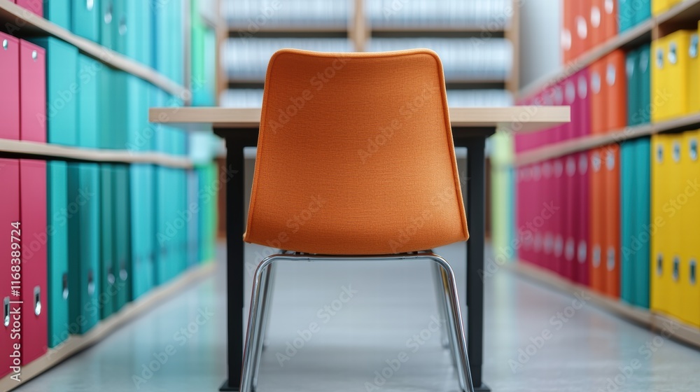 Poster Orange chair inviting to sit in a modern office with color-coded filing system